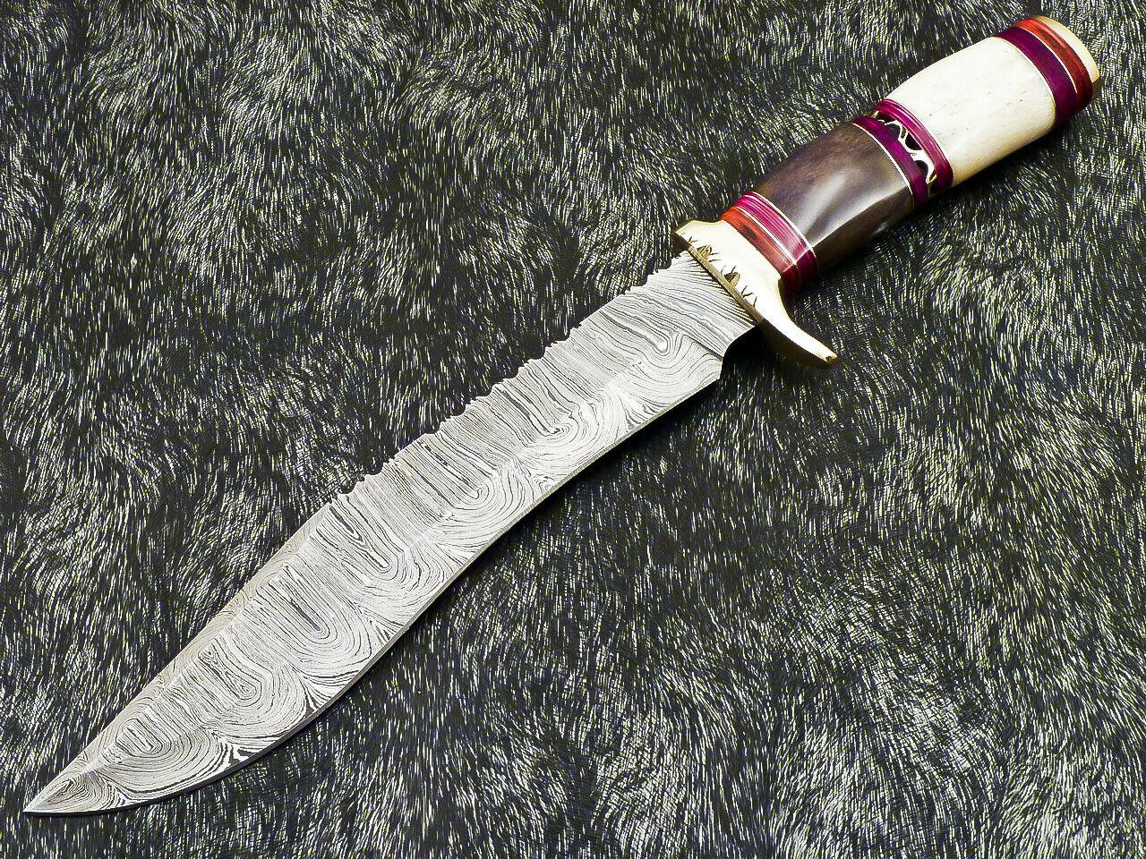 14.5" Handmade Damascus Bowie Knife Damascus Steel Knife With Camel Bone Handle