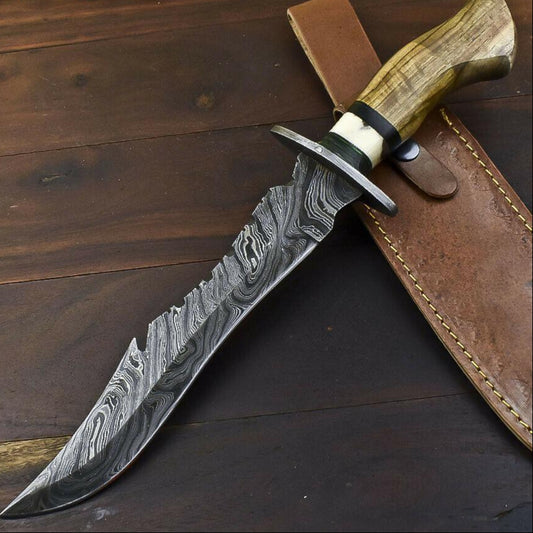 14.5" Handmade Damascus Bowie Knife | Olive Wood Handle