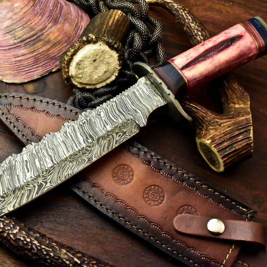 14.5" Handmade Damascus Bowie Knife | Stained Camel Bone Handle with Leather Sheath