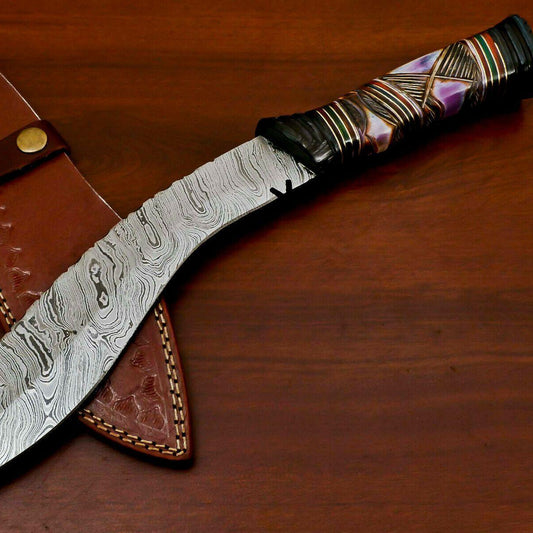 14.5" Handmade Damascus Khukri Bowie Knife – Engraved Bone & Pakka Wood
