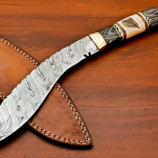 14.5" Handmade Damascus Khukri Bowie Knife | Engraved Camel Bone & Hardwood Handle