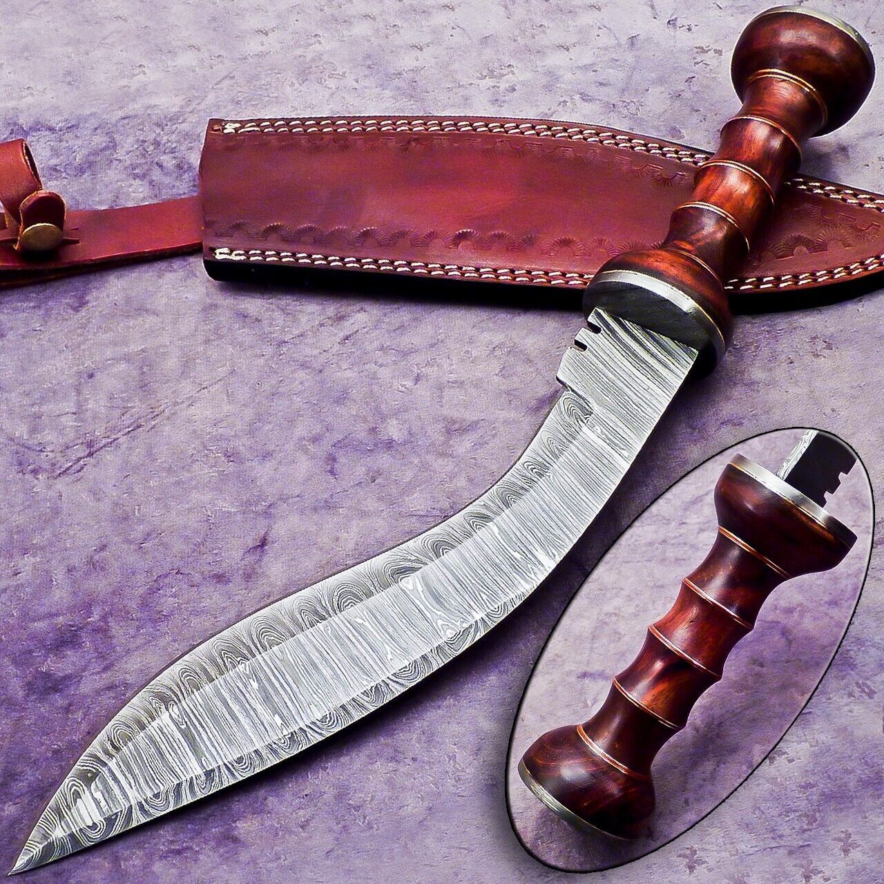 14.5" Handmade Damascus Kukri Bowie Knife with Natural Wood Handle Hunting Blade