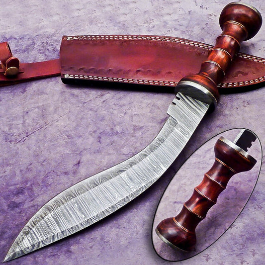 14.5" Handmade Damascus Kukri Bowie Knife with Natural Wood Handle Hunting Blade