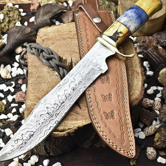 14.5" Handmade Damascus Steel Bowie Knife | Camel Bone Handle