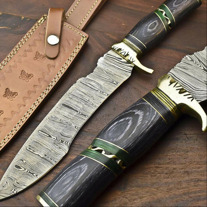14.5" Handmade Damascus Steel Bowie Knife | Hardwood Handle & Leather Sheath