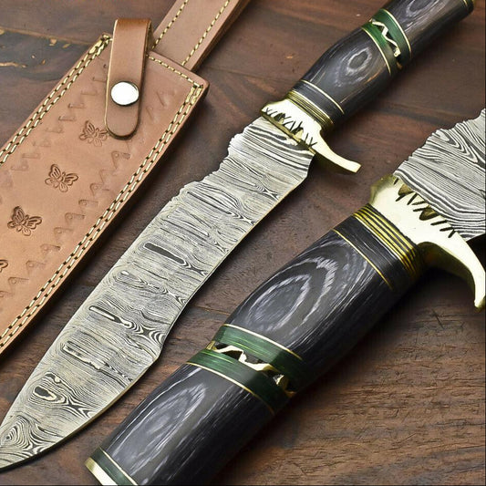 14.5" Handmade Damascus Steel Bowie Knife | Hardwood Handle & Leather Sheath
