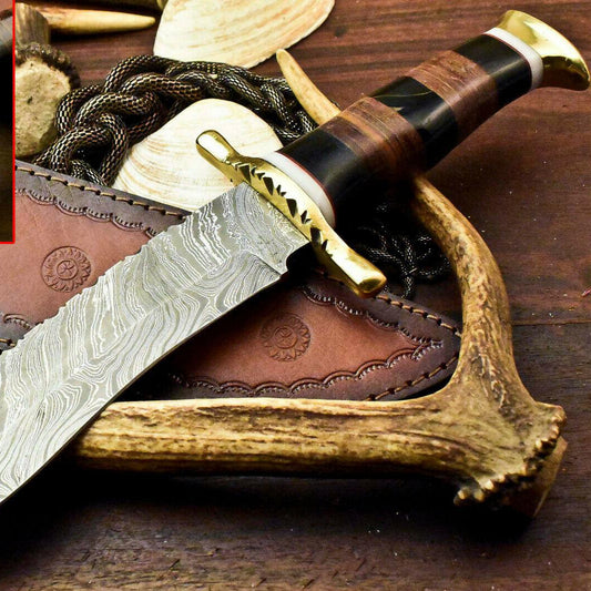 14.5” Handmade Damascus Steel Bowie Knife | Stacked Leather Handle
