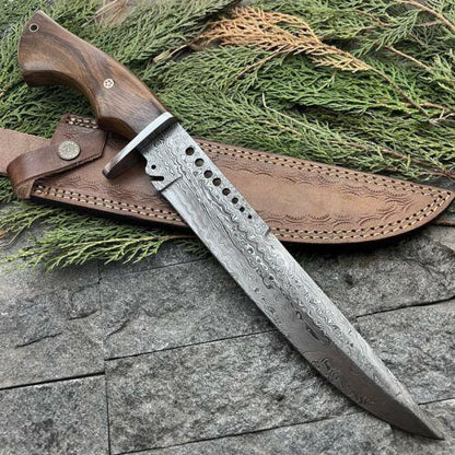 14.5" Handmade Damascus Steel Bushcraft Bowie Knife – Hardwood Handle & Leather Sheath