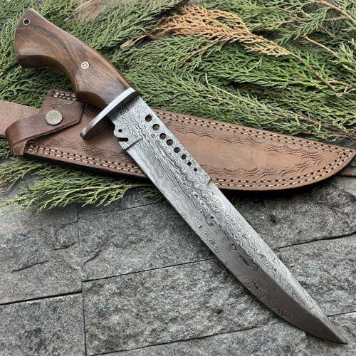 14.5" Handmade Damascus Steel Bushcraft Bowie Knife – Hardwood Handle & Leather Sheath