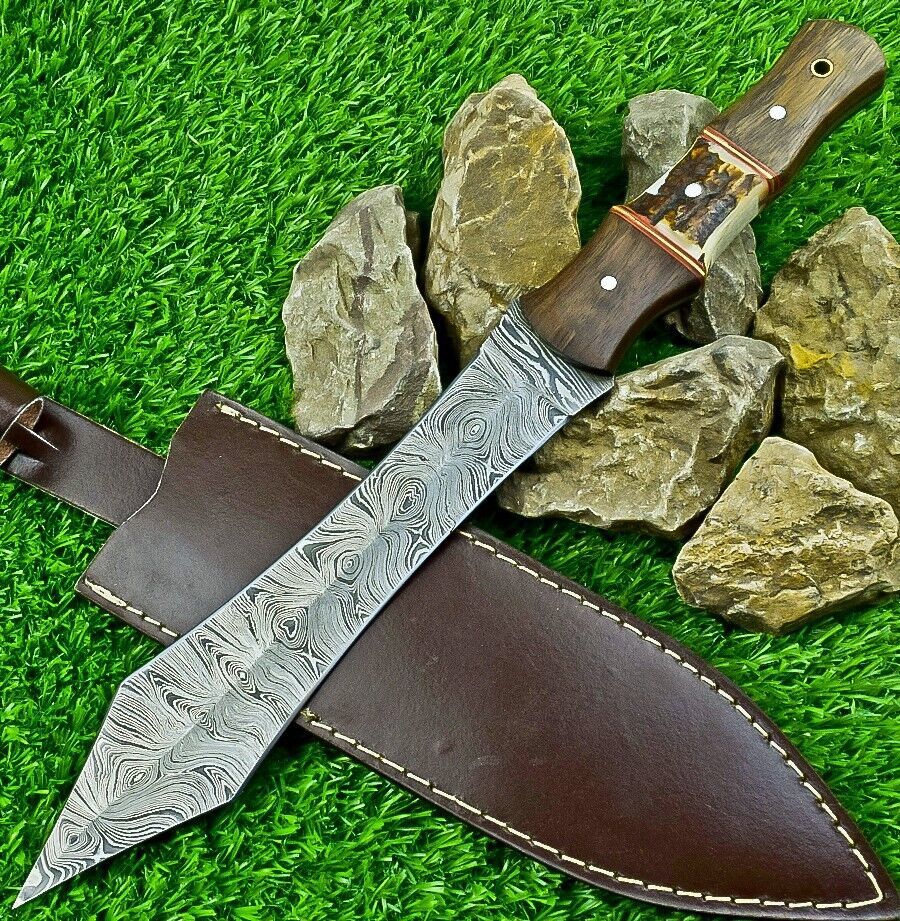 14.5 Inch Damascus Steel Bowie Dagger with Stag Horn and Natural Wood Handle