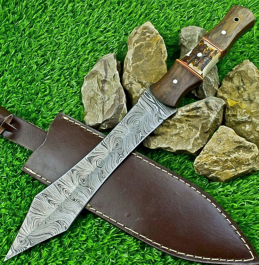 14.5 Inch Damascus Steel Bowie Dagger with Stag Horn and Natural Wood Handle