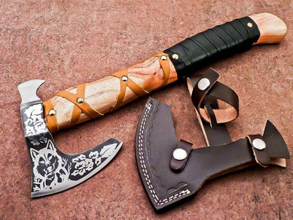 14.5 Inch Handcrafted Carbon Steel Axe Viking Bearded Axe with Wood Handle & Sheath