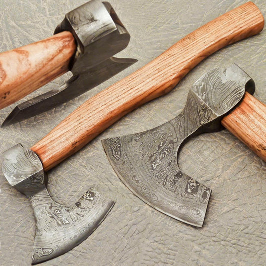 14.5 Inch Handmade Damascus Steel Axe with Olive Wood Handle and Leather Sheath