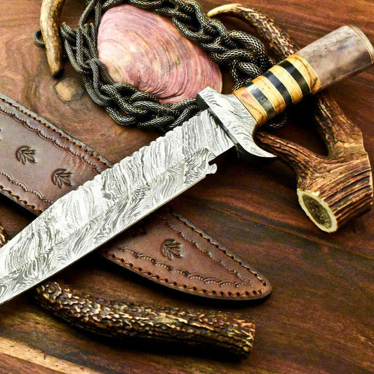 14.5" Rare Handmade Damascus Bowie Hunting Knife | Farms Camel Bone Handle