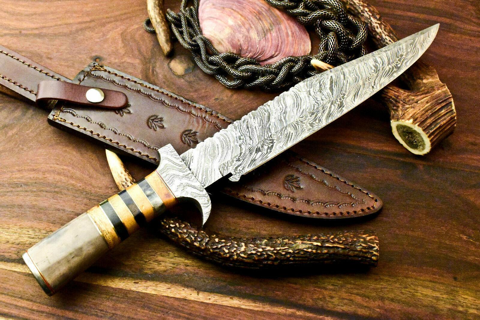 14.5" Rare Handmade Damascus Bowie Knife Damascus Steel Knife With Camel Bone Handle 