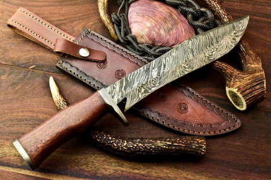14.5" Rare Handmade Damascus Bowie Knife Damascus Steel Knife With Walnut Wood Handle