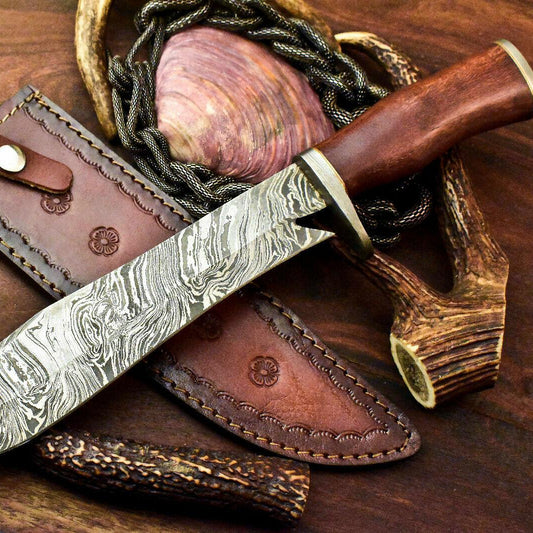 14.5" Rare Handmade Damascus Bowie Knife | Walnut Wood Handle