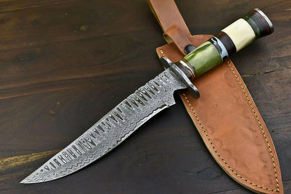 14.6" Damascus Bowie Knife Damascus Steel Knife with Camel Bone Handle & Sheath