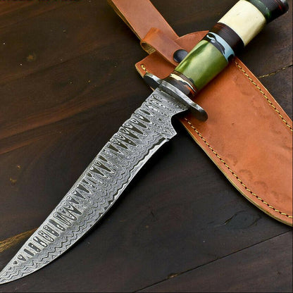 14.6" Damascus Steel Bowie Knife with Camel Bone Handle Butcher Hunting Blade