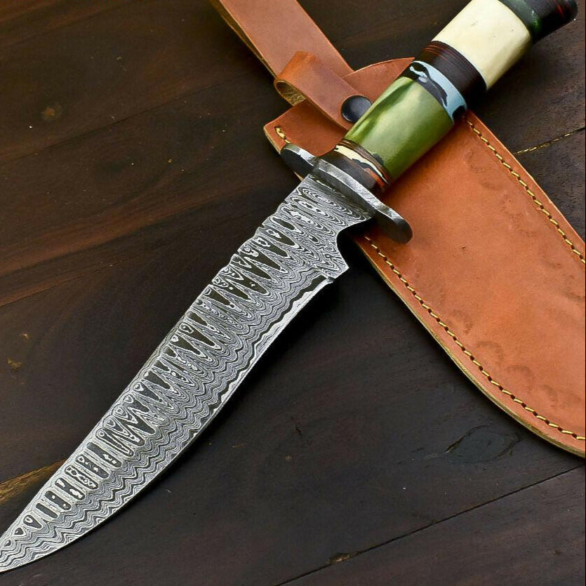 14.6" Handmade Damascus Bowie Knife with Camel Bone Handle
