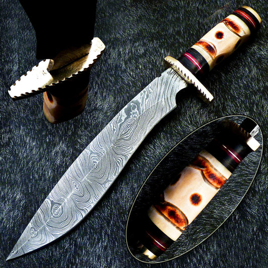 14.75" Hand Forged Damascus Steel Bowie – Engraved Camel Bone & Hardwood Handle with Brass Bolster