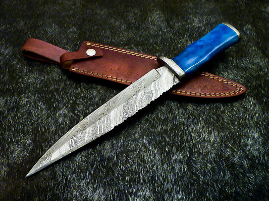 14.75" Handmade Damascus Bowie Knife – Stained Bone Handle & Leather Sheath