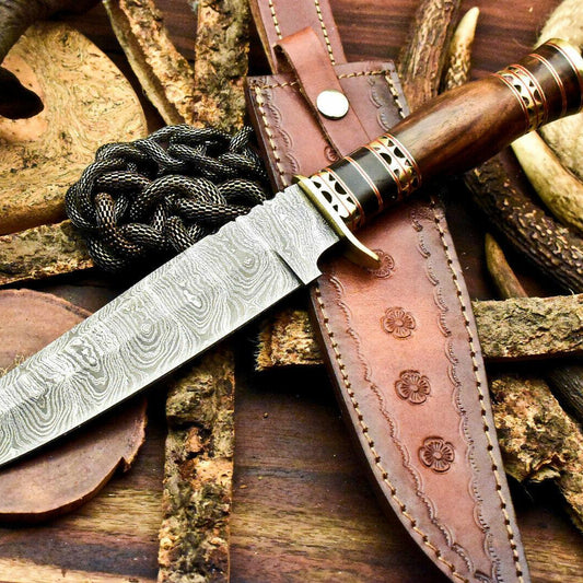 14.75" Handmade Damascus Bowie Knife with Walnut Wood Handle & Leather Sheath