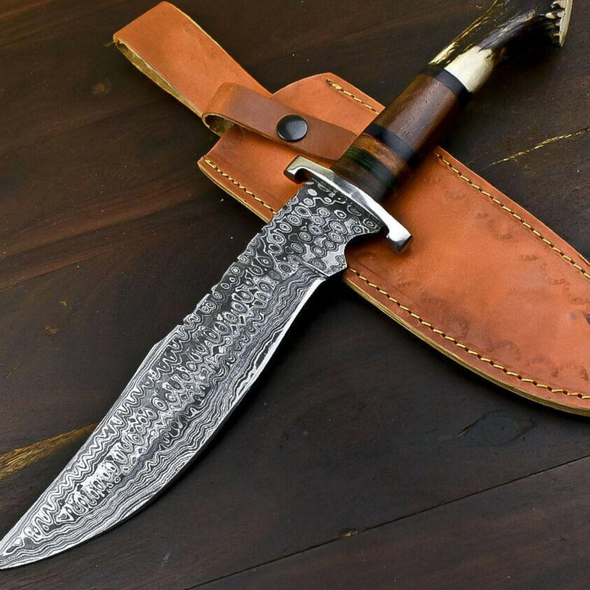 14.8" Damascus Bowie Knife Damascus Steel Knife with Crown Antler Handle & Sheath
