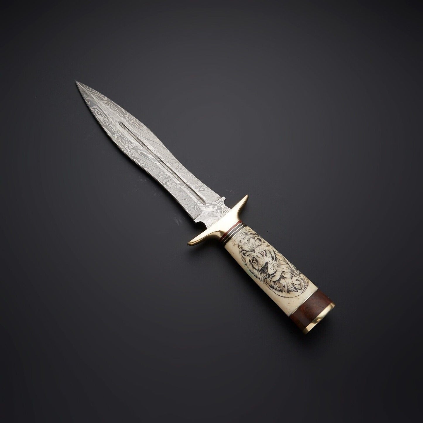 14" Camel Bone Handle Damascus Steel Bowie Knife – Full Tang Hunting Blade