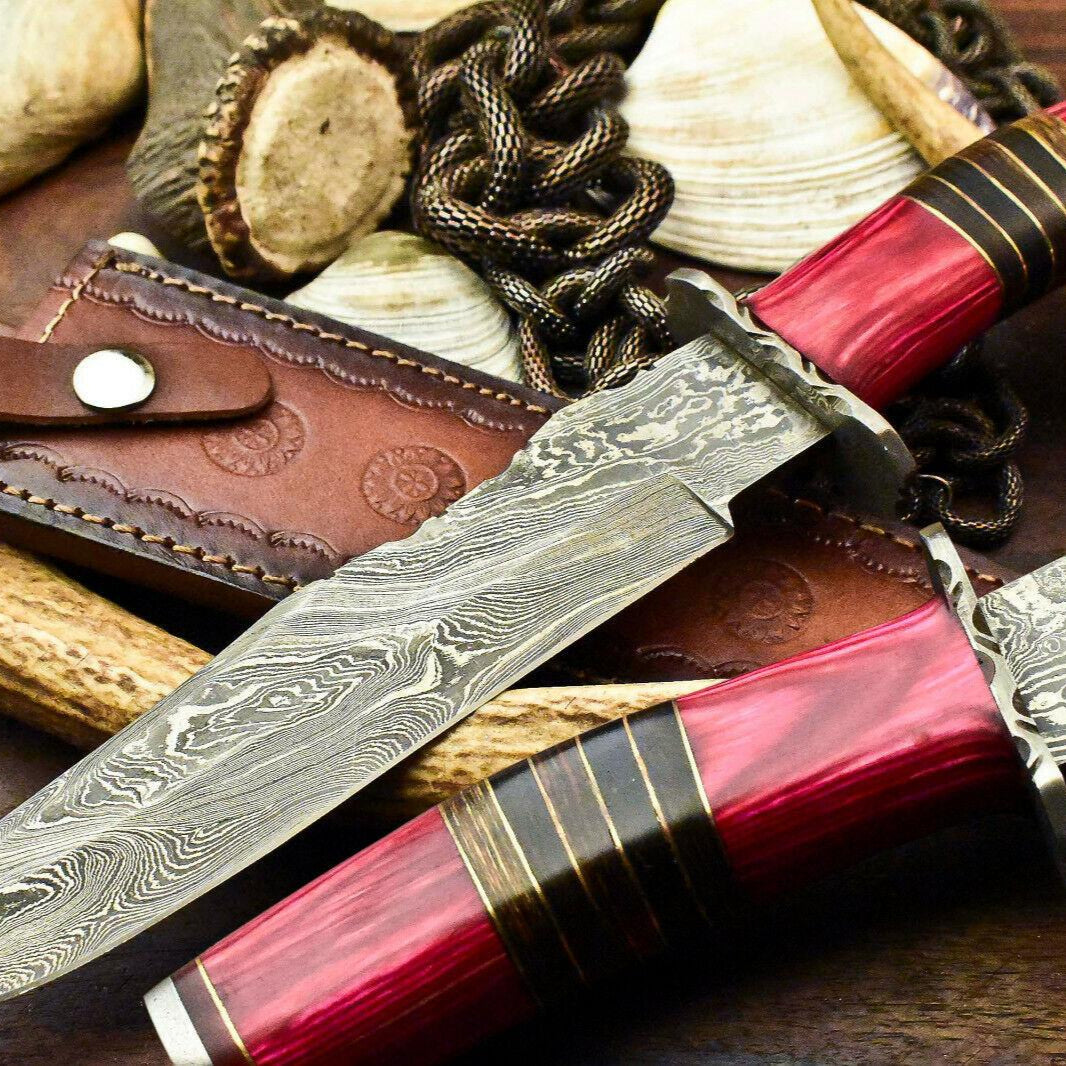 14" Custom Damascus Bowie Knife Damascus Steel Knife With Walnut Wood Handle & Sheath