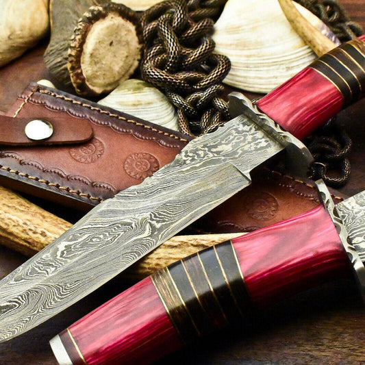 14" Custom Damascus Bowie Knife Damascus Steel Knife With Walnut Wood Handle & Sheath