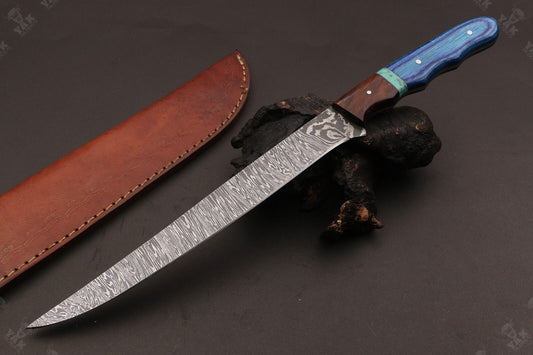 14" Custom Hand Forged Damascus Steel Fillet Knife Best Fillet Knife With Leather Sheath