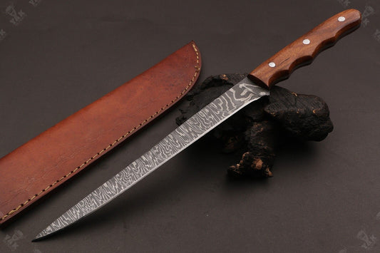 14" Custom Hand Forged Fire Damascus Steel Fillet Knife Damascus Fillet Knife W/Sheath
