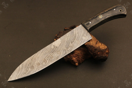 14" Custom Hand Forged Twist Damascus Steel Santoku Knife for Chef Use – Camel Bone & Wood Handle