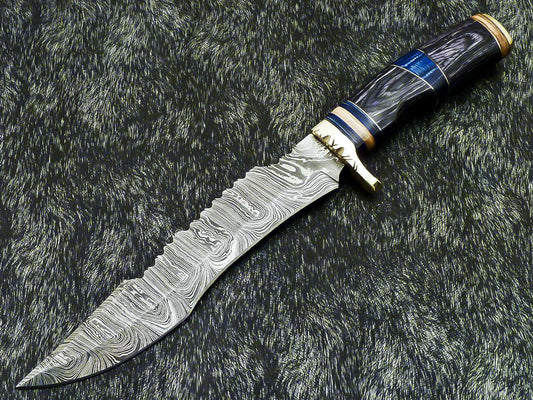 14" Custom Handmade Damascus Bowie Knife With Hardwood Handle and Leather Sheath