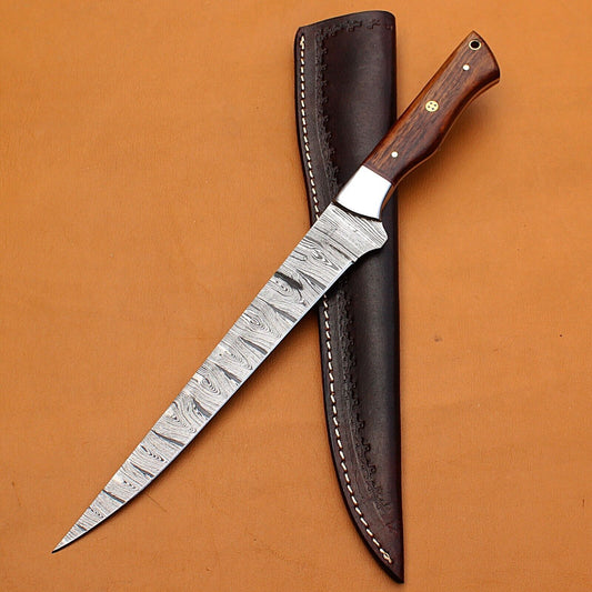 14" Custom Handmade Damascus Fillet Knife Best Fillet Knife W/Sheath