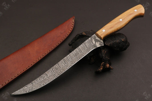 14" Custom Handmade Damascus Fillet Knife Fire Damascus Steel Fillet Knife W/Sheath