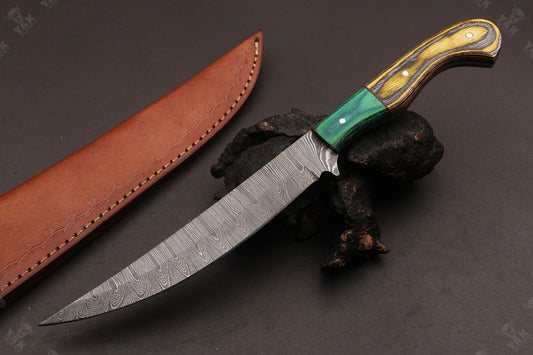 14" Custom Handmade Damascus Fillet Knife Handmade Fillet Knives With Leather Sheath