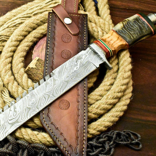 14" Custom Handmade Damascus Steel Bowie Hunting Knife – Ram’s Horn Handle
