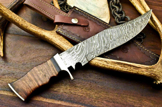 14" Custom Handmade Damascus Steel Bowie Hunting Knife | Walnut Wood Handle & Leather Sheath