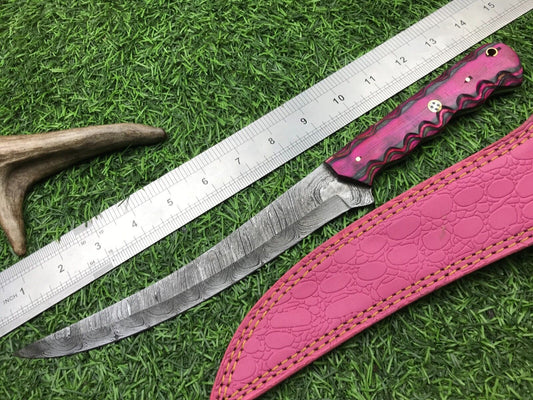 14'' Custom Handmade Damascus Steel Fillet Knife & Best Fillet Knife Pakka Wood Handle W/Sheath 