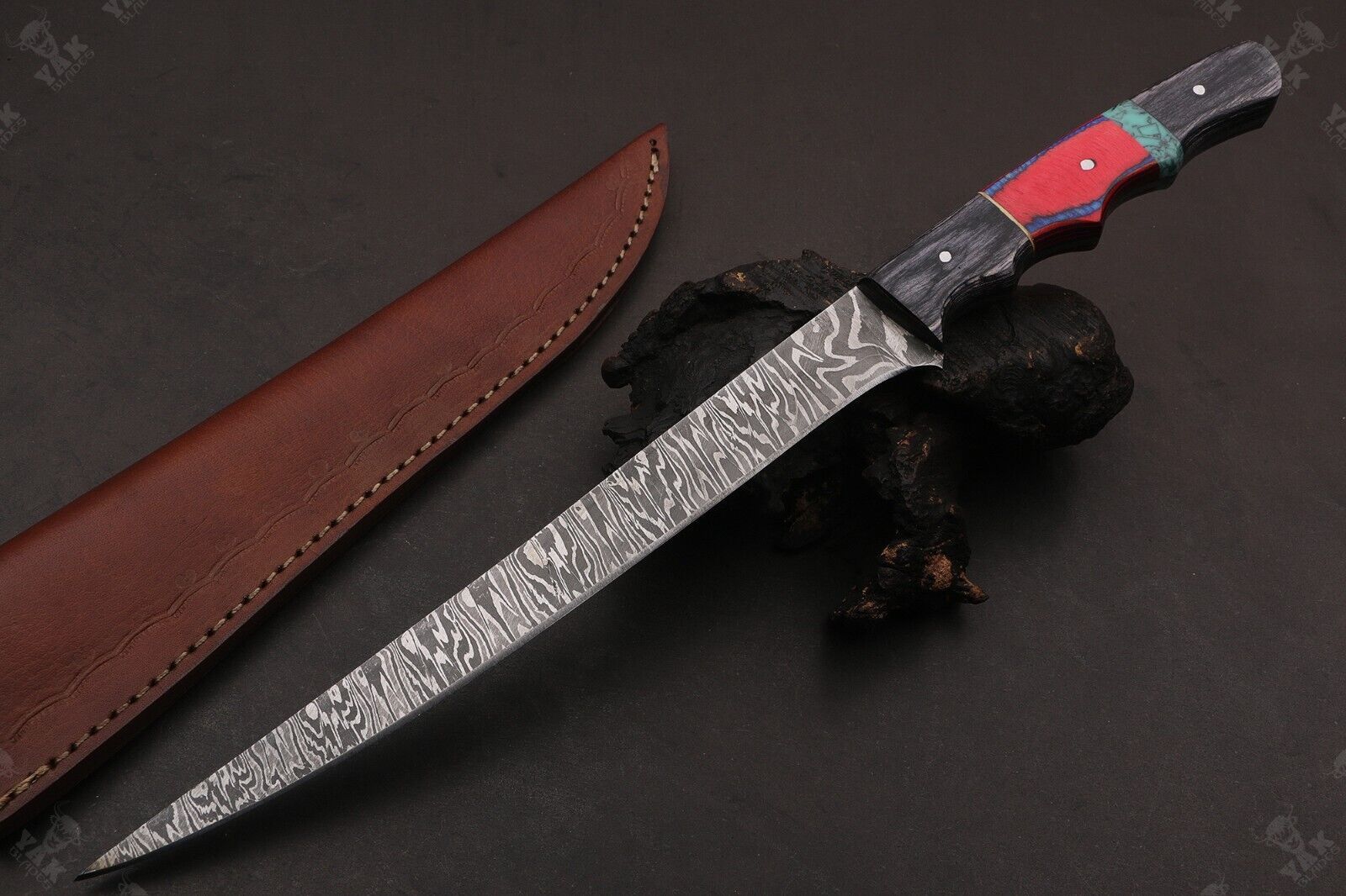 14" Custom Handmade Fire Damascus Steel Fillet Knife Damascus Fillet Knife W/Sheath