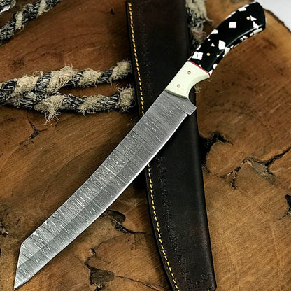 14" Custom Handmade Twist Damascus Steel Best Damascus Chef Knife with Leather Sheath 