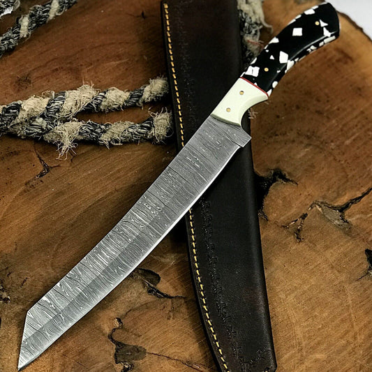 14" Custom Handmade Twist Damascus Steel Best Damascus Chef Knife with Leather Sheath 