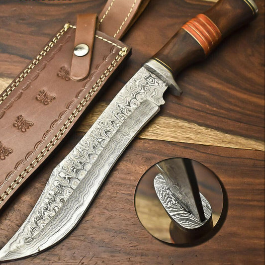 14" Damascus Bowie Knife – Camel Bone Handle & Leather Sheath