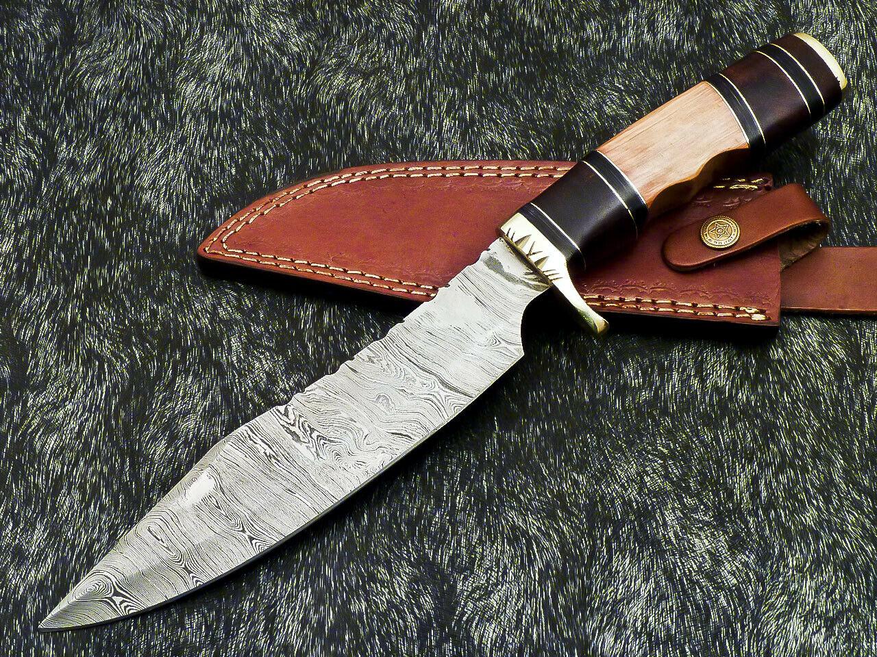 14" Damascus Bowie Knife Damascus Steel Knife With Natural Wood Handle & Sheath