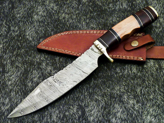 14" Damascus Bowie Knife Damascus Steel Knife With Natural Wood Handle & Sheath
