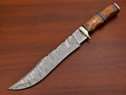 14" Damascus Bowie Knife Damascus Steel Knife With Rose Wood & Pakka Wood Handle 
