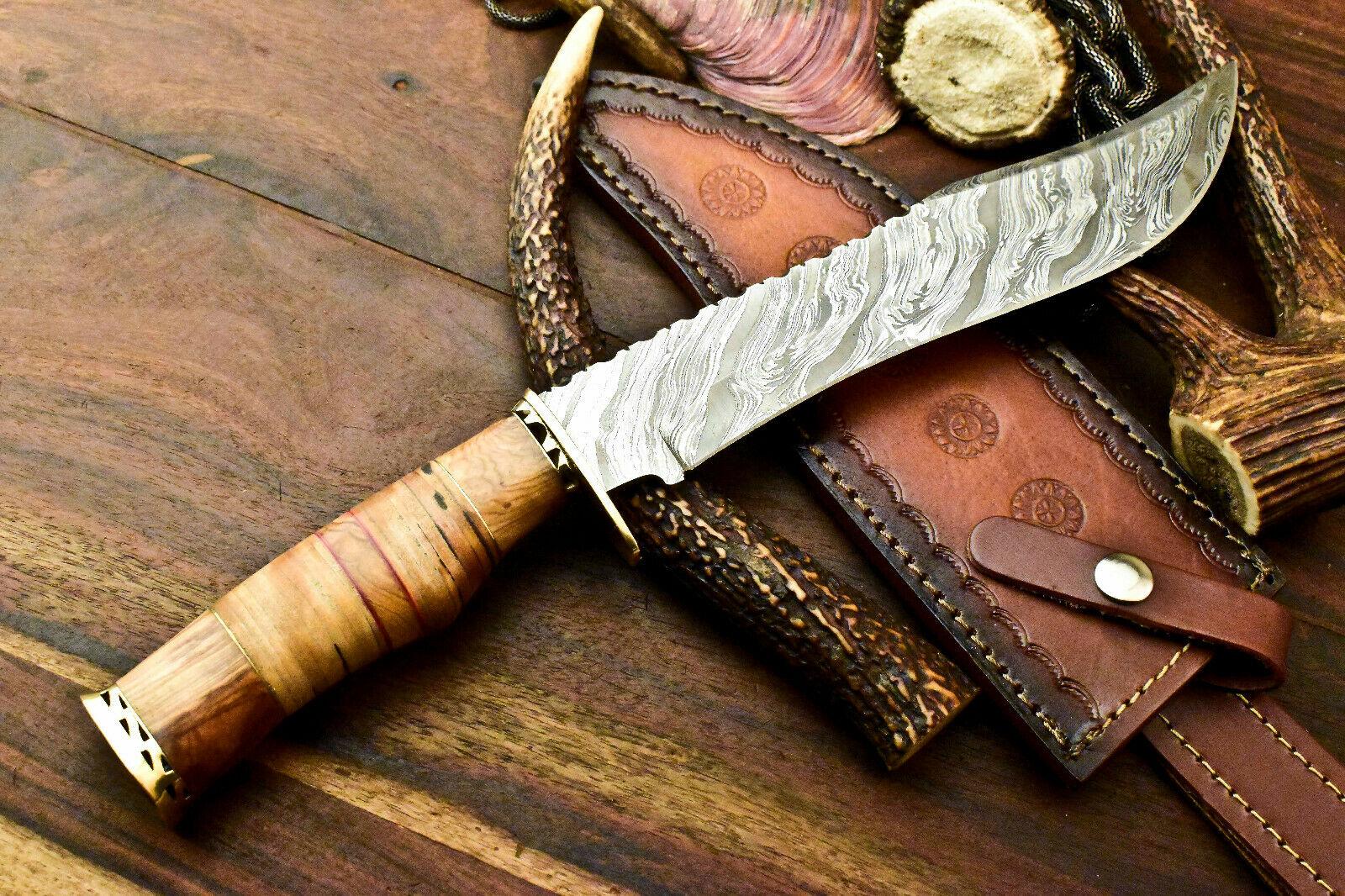 14" Damascus Bowie Knife Damascus Steel Knife With Stacked Leather Handle & Sheath
