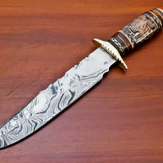 14" Damascus Bowie Knife – Engraved Bone & Pakka Wood Handle | Brass Guard
